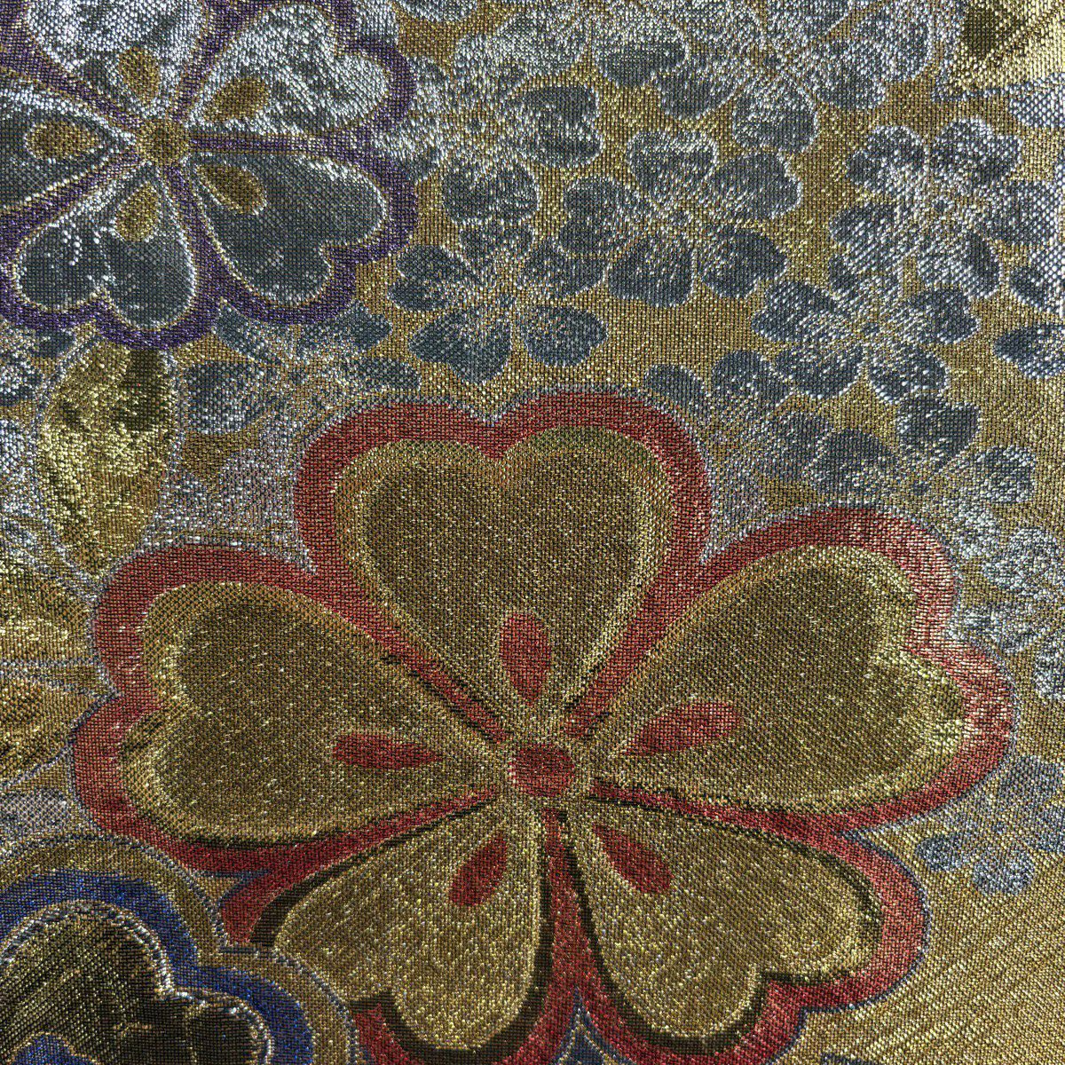 袋帶 秀品級 振袖禮服禮服用 櫻花 波紋 金絲 金金箔 金色 六通 純蠶絲