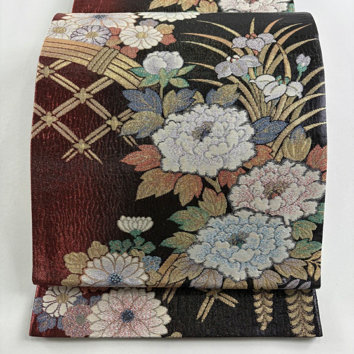 【美品】 袋帶 秀品級 牡丹 菊花 金金箔 金絲 墨 六通 純蠶絲