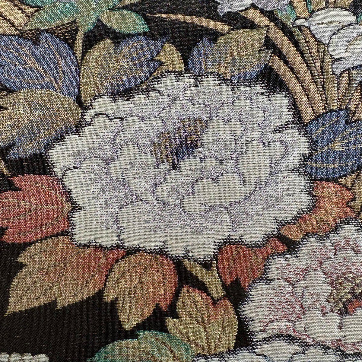 【美品】 袋帶 秀品級 牡丹 菊花 金金箔 金絲 墨 六通 純蠶絲