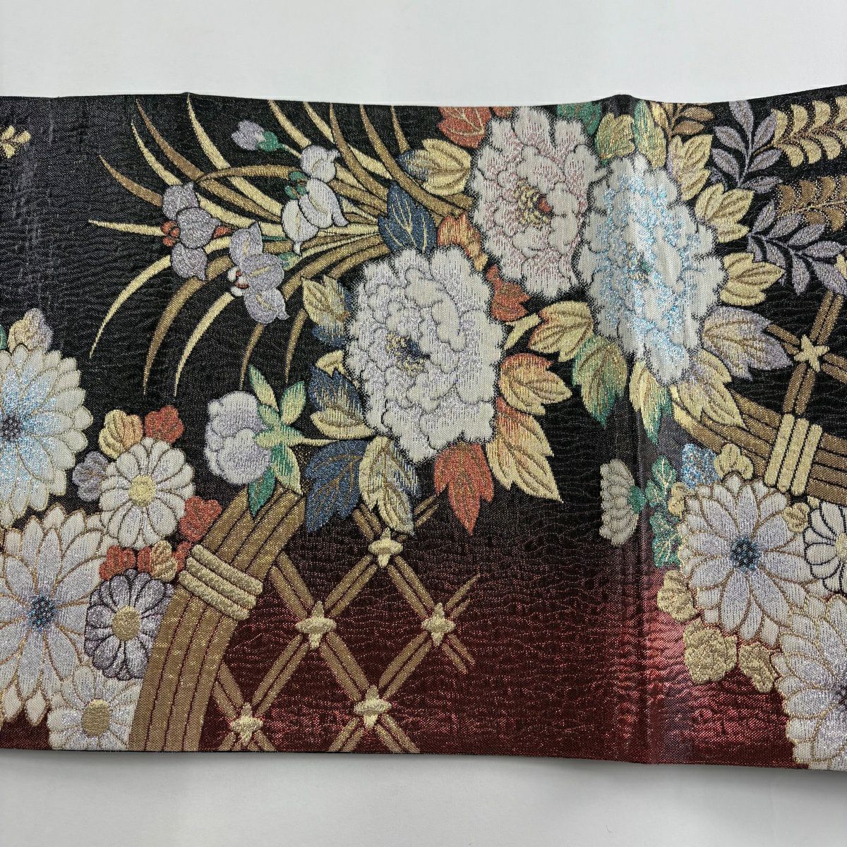 【美品】 袋帶 秀品級 牡丹 菊花 金金箔 金絲 墨 六通 純蠶絲