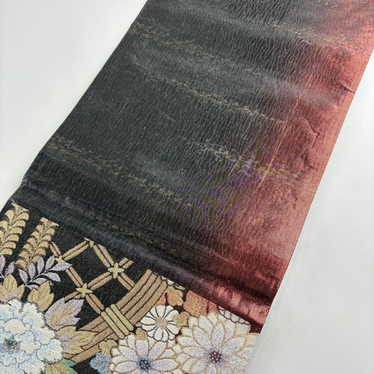 【美品】 袋帶 秀品級 牡丹 菊花 金金箔 金絲 墨 六通 純蠶絲