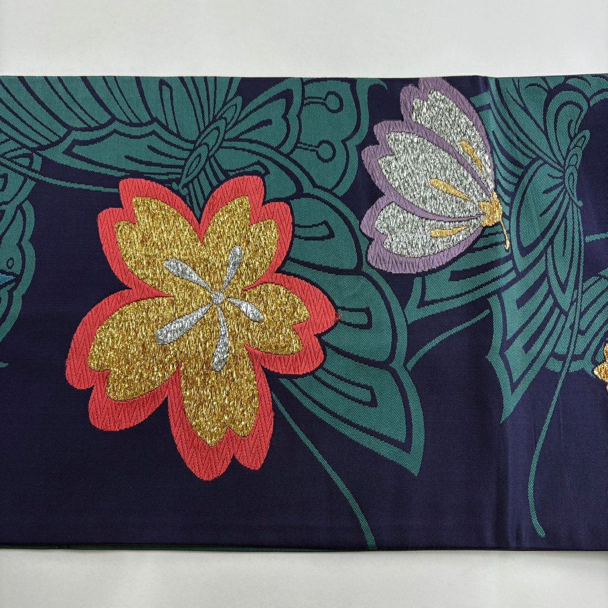 袋帶 秀品級 樱花 竹子子 唐織 金金箔 青紫 全通 純蠶絲
