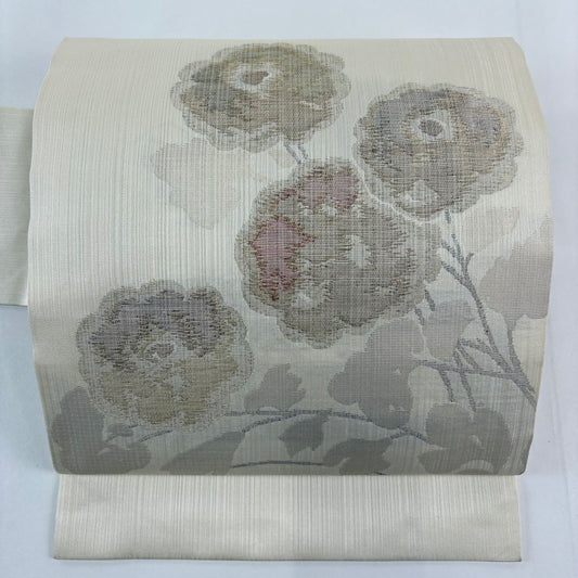 名古屋帶 秀品級 草花紋紋 金金箔 金絲 奶油色 純蠶絲