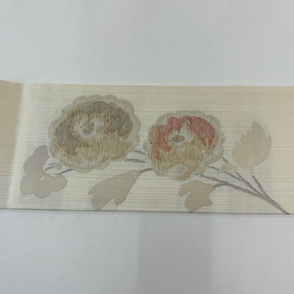 名古屋帶 秀品級 草花紋紋 金金箔 金絲 奶油色 純蠶絲