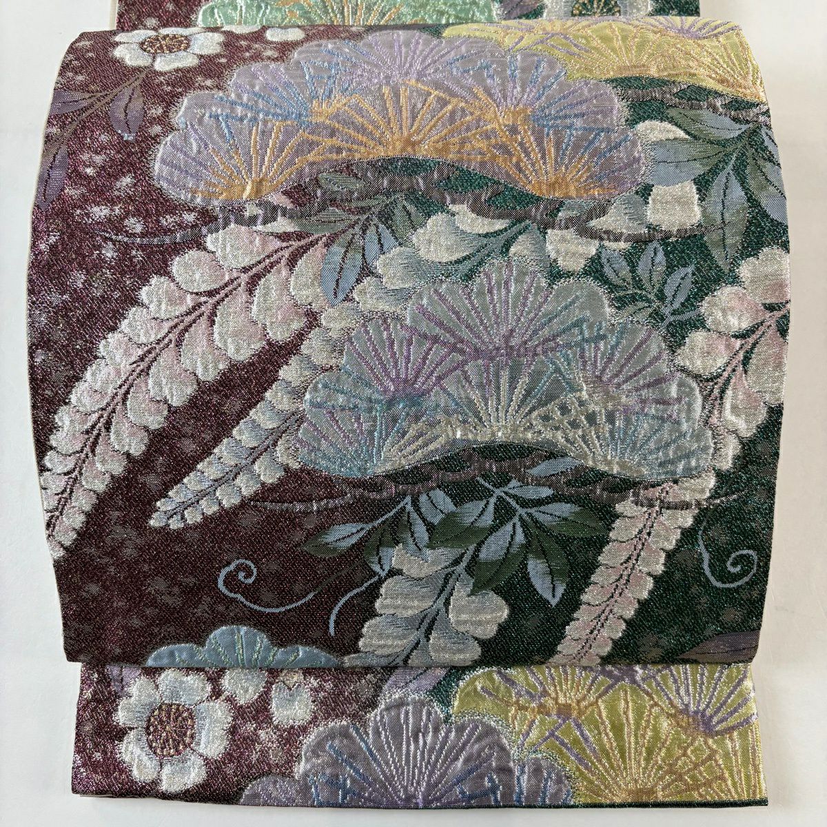 【美品】 袋帶 秀品級 笠松樹 櫻花 金金箔 綠 六通 純蠶絲