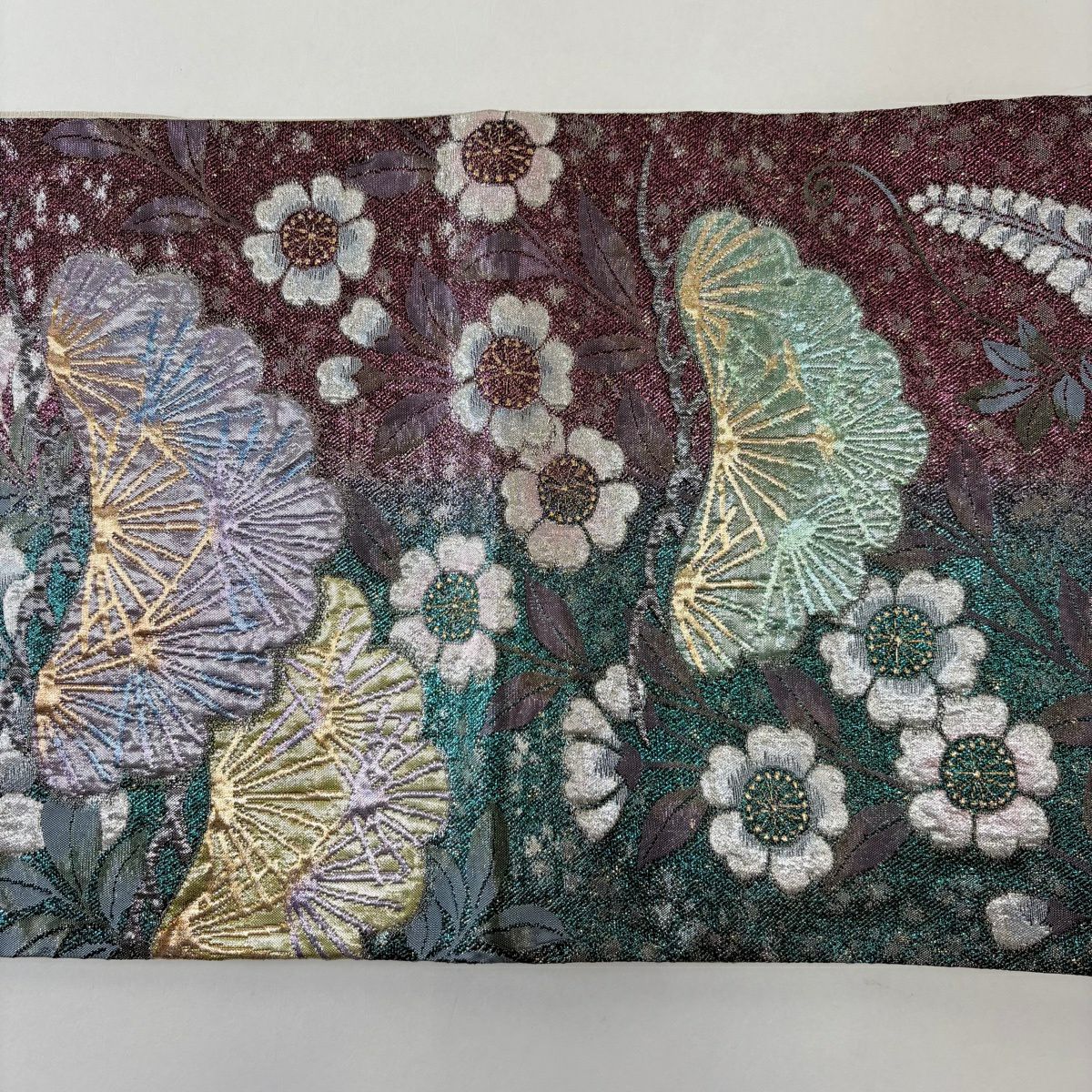 【美品】 袋帶 秀品級 笠松樹 櫻花 金金箔 綠 六通 純蠶絲