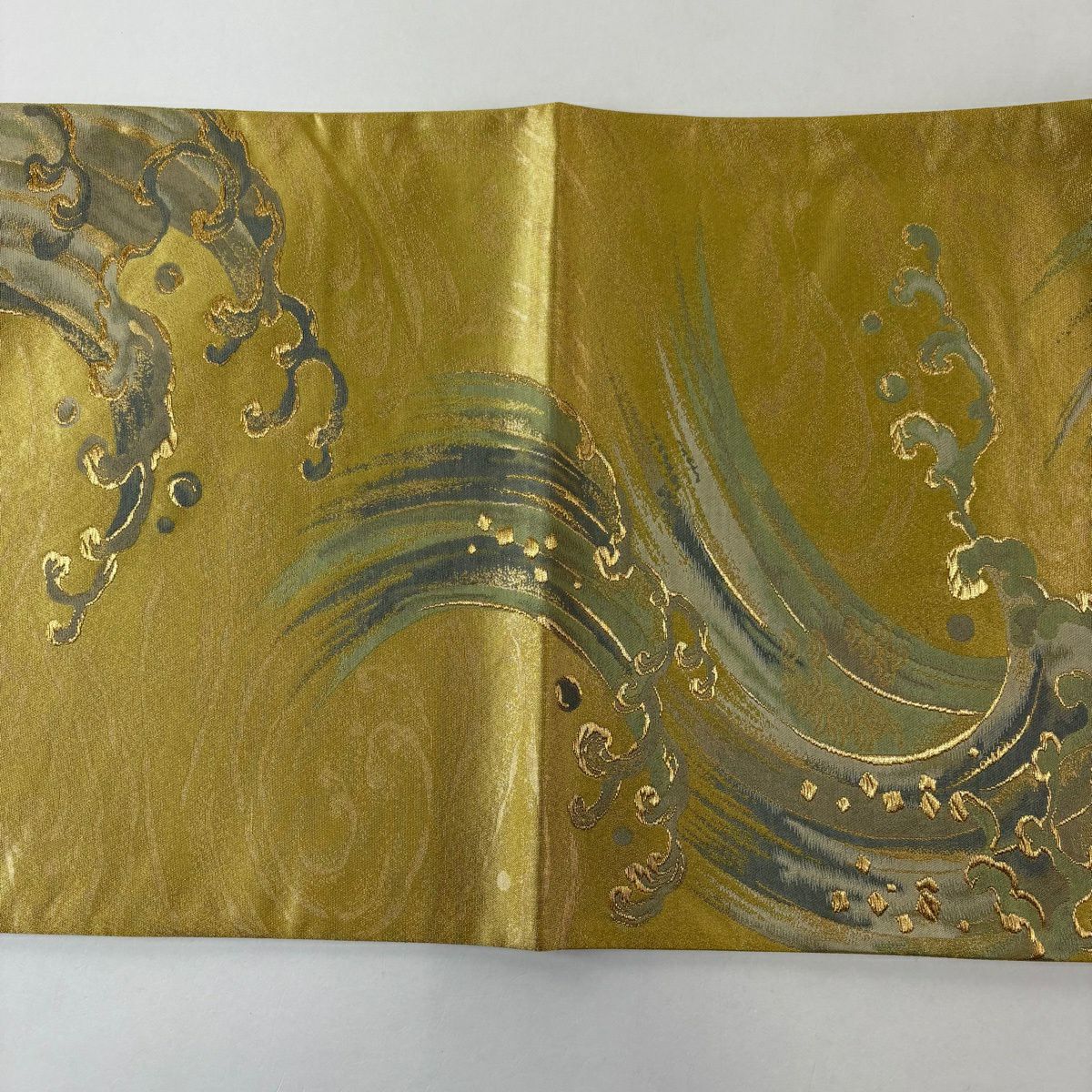 【美品】 袋帶 秀品級 波頭 青海波 金絲 金金箔 金色 六通 純蠶絲
