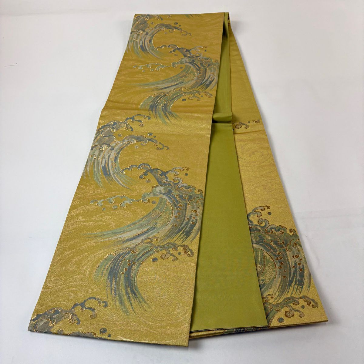 【美品】 袋帶 秀品級 波頭 青海波 金絲 金金箔 金色 六通 純蠶絲