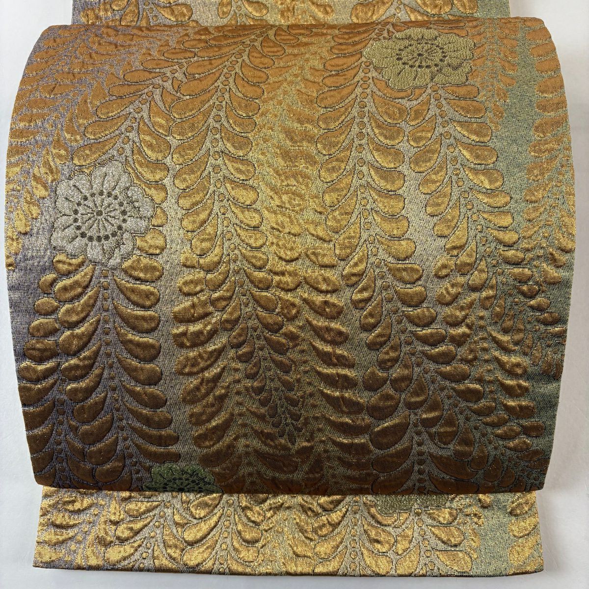 【美品】 袋帶 優品級 辻花染圖案 金金箔 金銀彩 金色 六通 純蠶絲