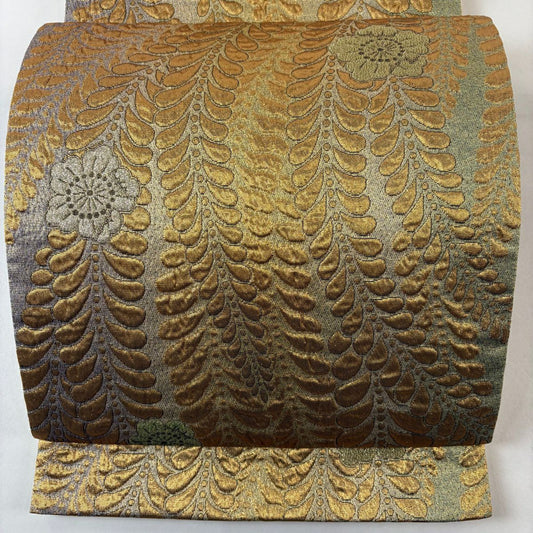 【美品】 袋帶 優品級 辻花染圖案 金金箔 金銀彩 金色 六通 純蠶絲