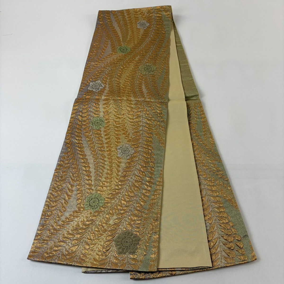 【美品】 袋帶 優品級 辻花染圖案 金金箔 金銀彩 金色 六通 純蠶絲