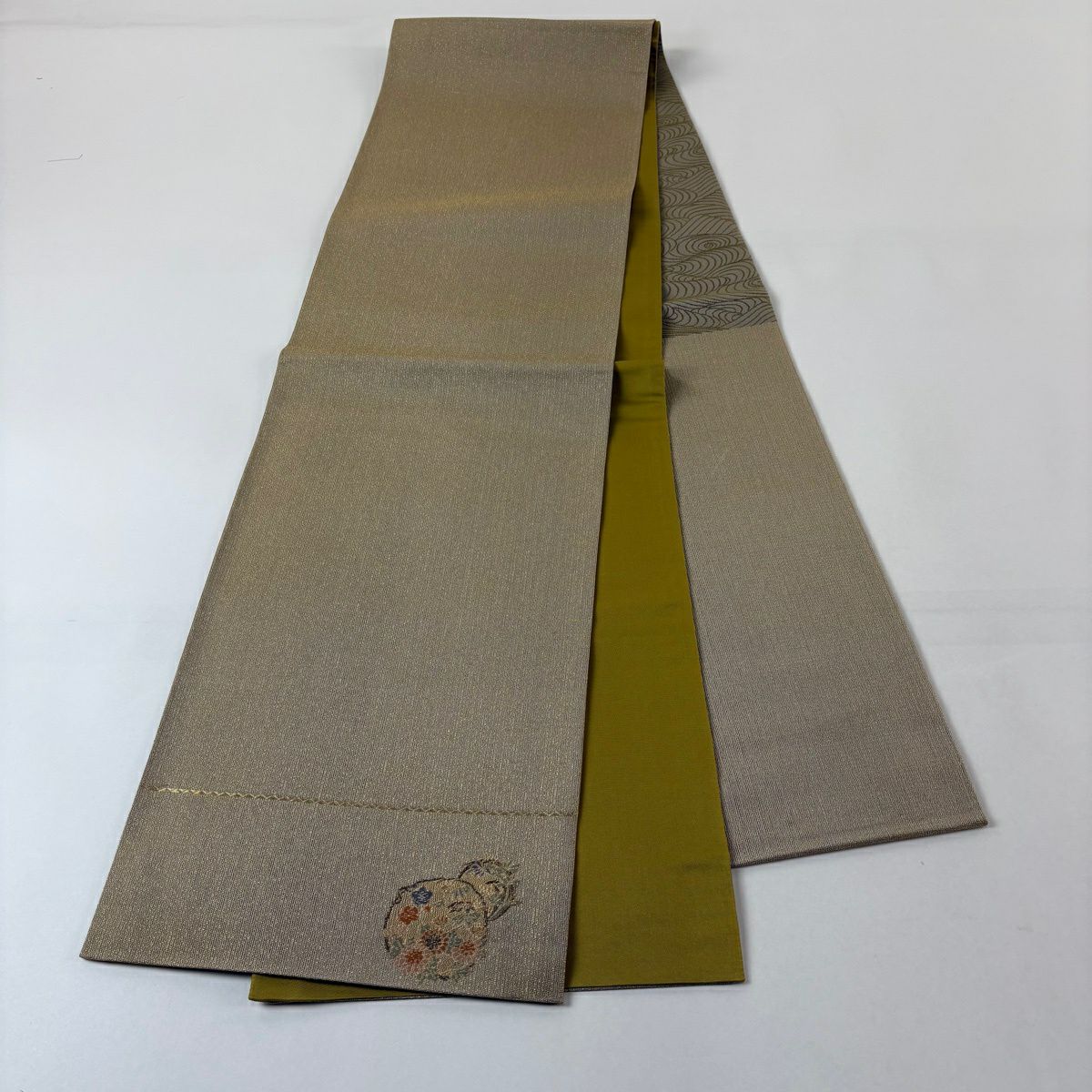 【美品】 袋帶 秀品級 金金箔 鶯色 六通 純蠶絲