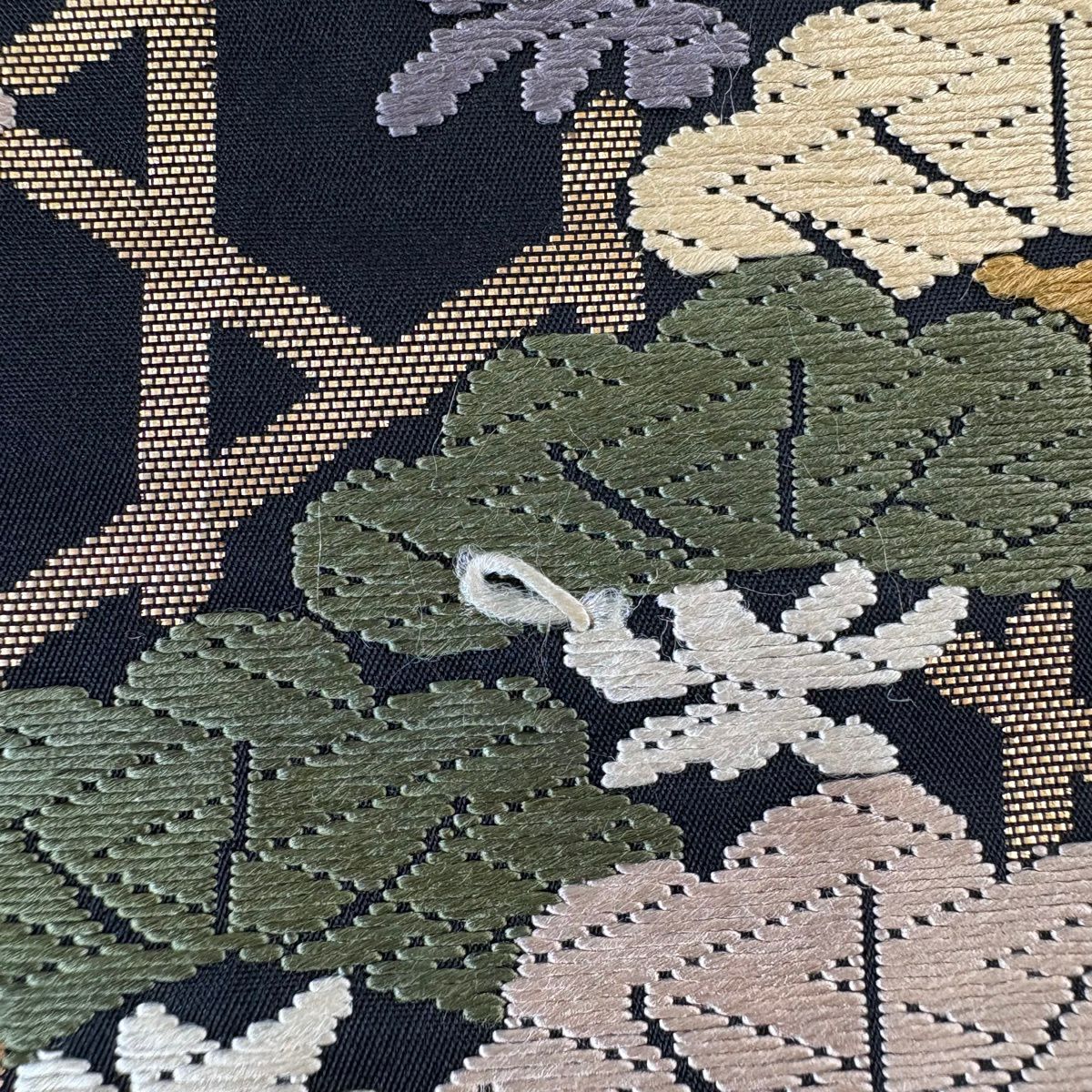 袋帶 秀品級 籠目菊花松樹圖案 金金箔 唐織 黑 六通 純蠶絲