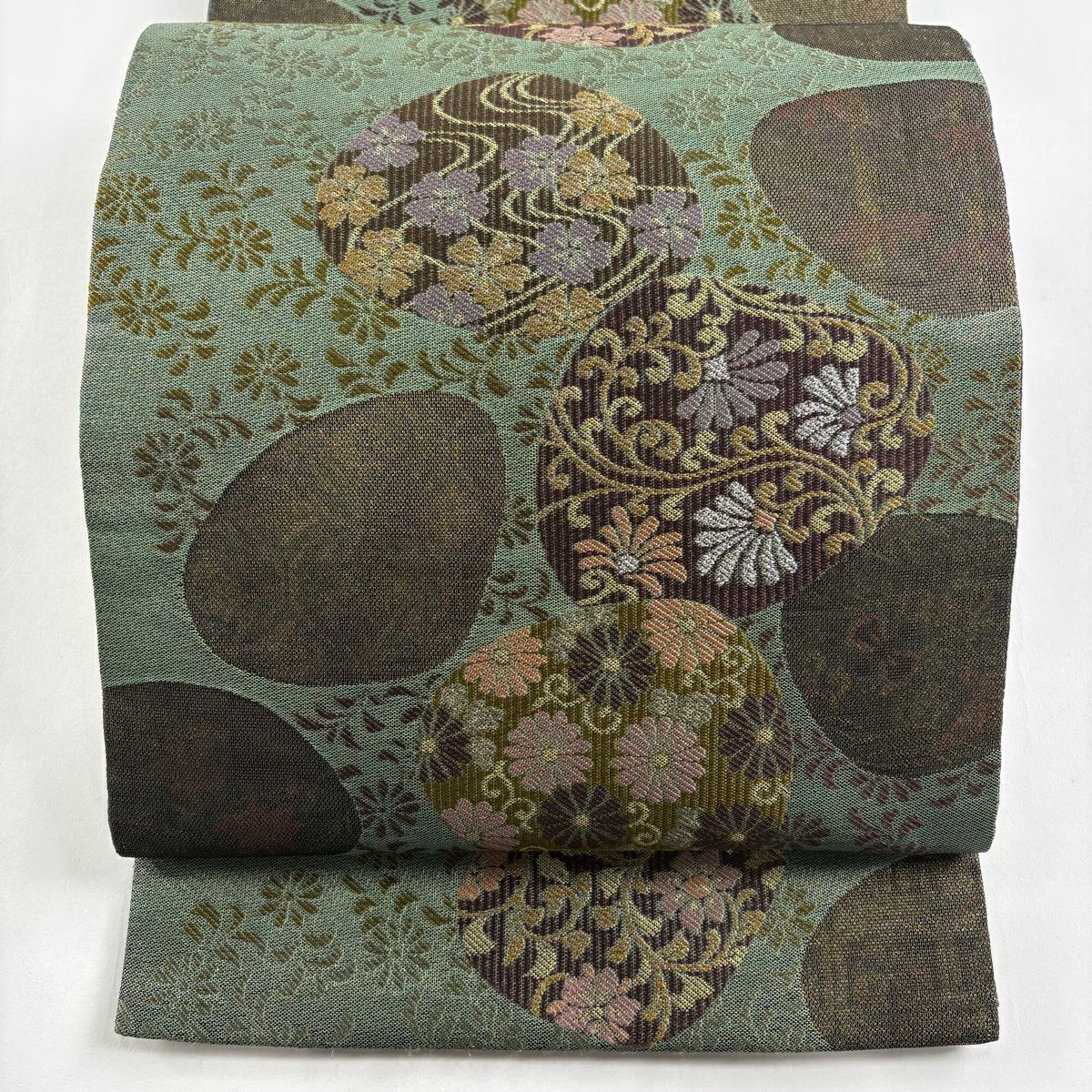 【美品】 袋帶 秀品級 花唐草紋 櫻花 金絲 金金箔 灰綠 六通 純蠶絲