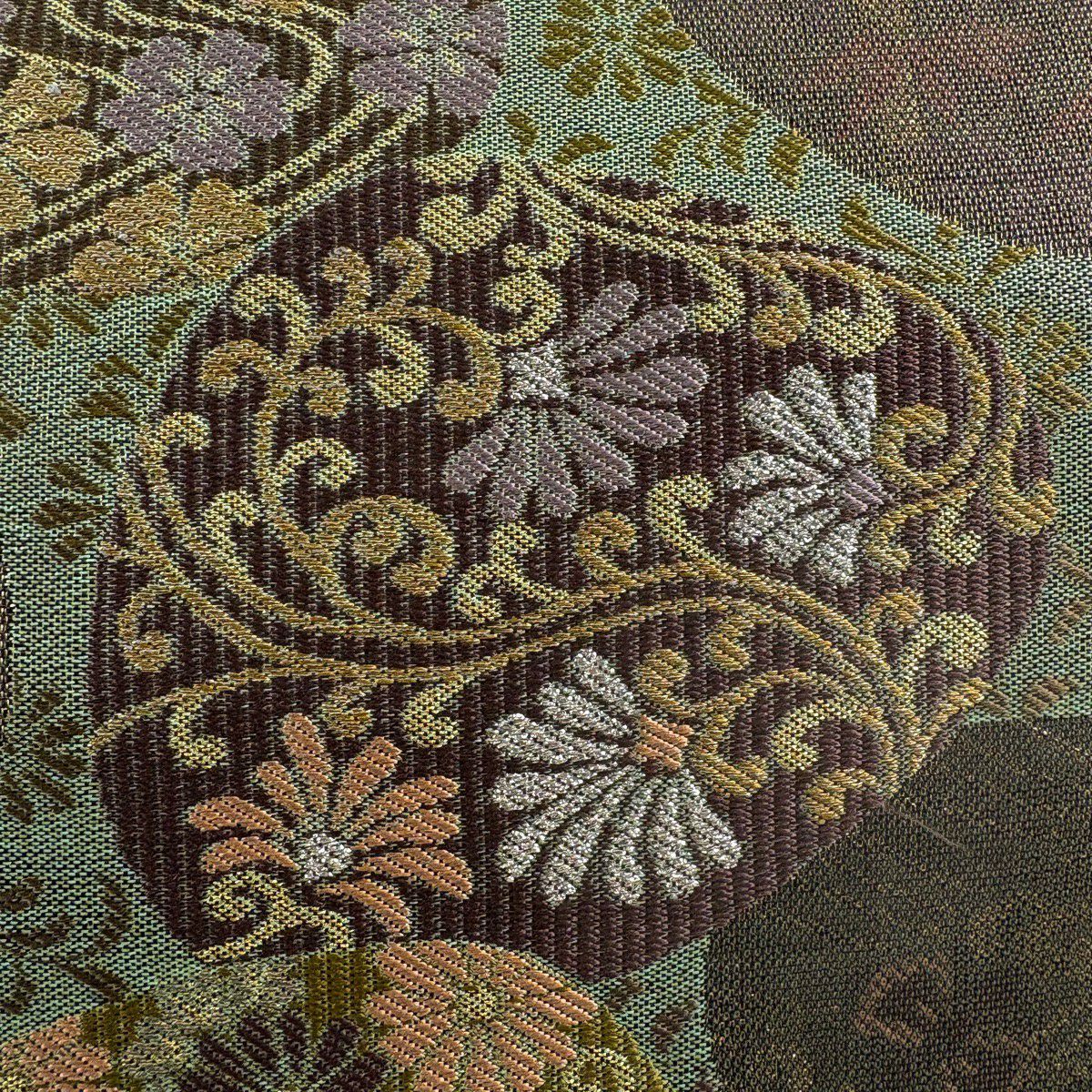 【美品】 袋帶 秀品級 花唐草紋 櫻花 金絲 金金箔 灰綠 六通 純蠶絲