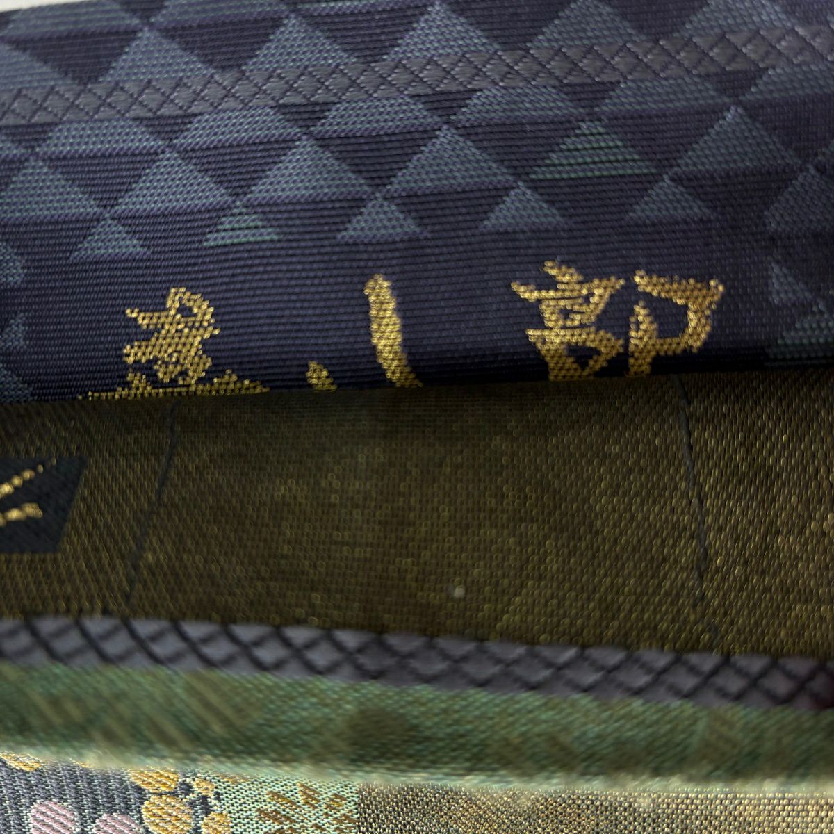 【美品】 袋帶 秀品級 花唐草紋 櫻花 金絲 金金箔 灰綠 六通 純蠶絲