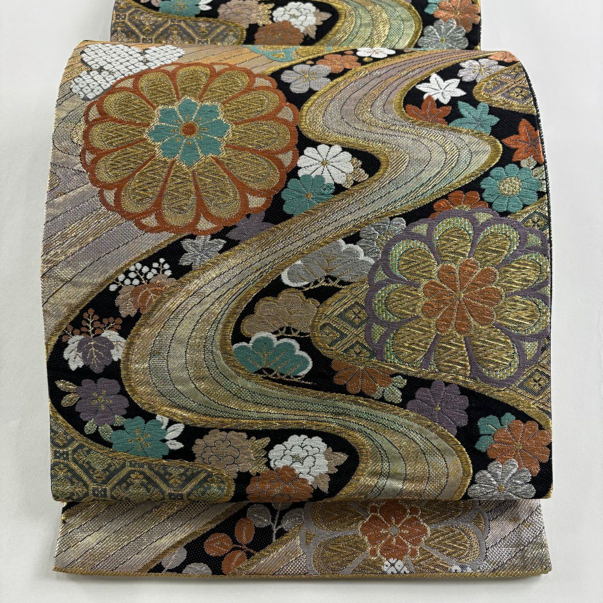 袋帶 秀品級 關西仕立 雛菊花 流水 金絲 金金箔 黑 六通 純蠶絲