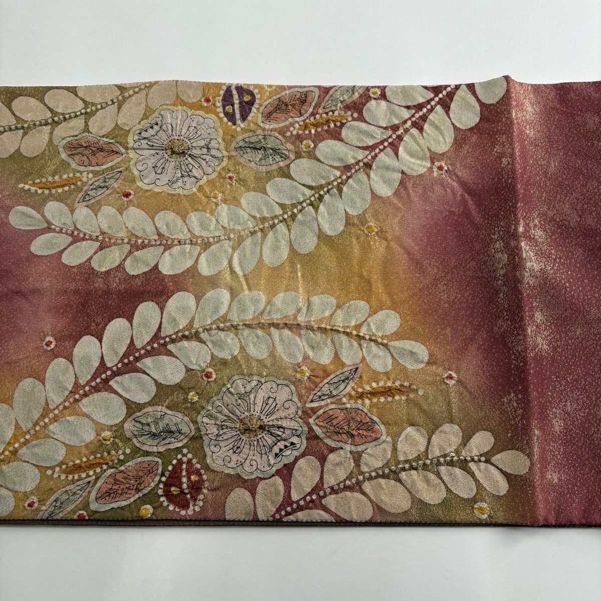 袋帶 秀品級 附落款 辻花染 漸層 金金箔 小豆色 大鼓圖案 純蠶絲