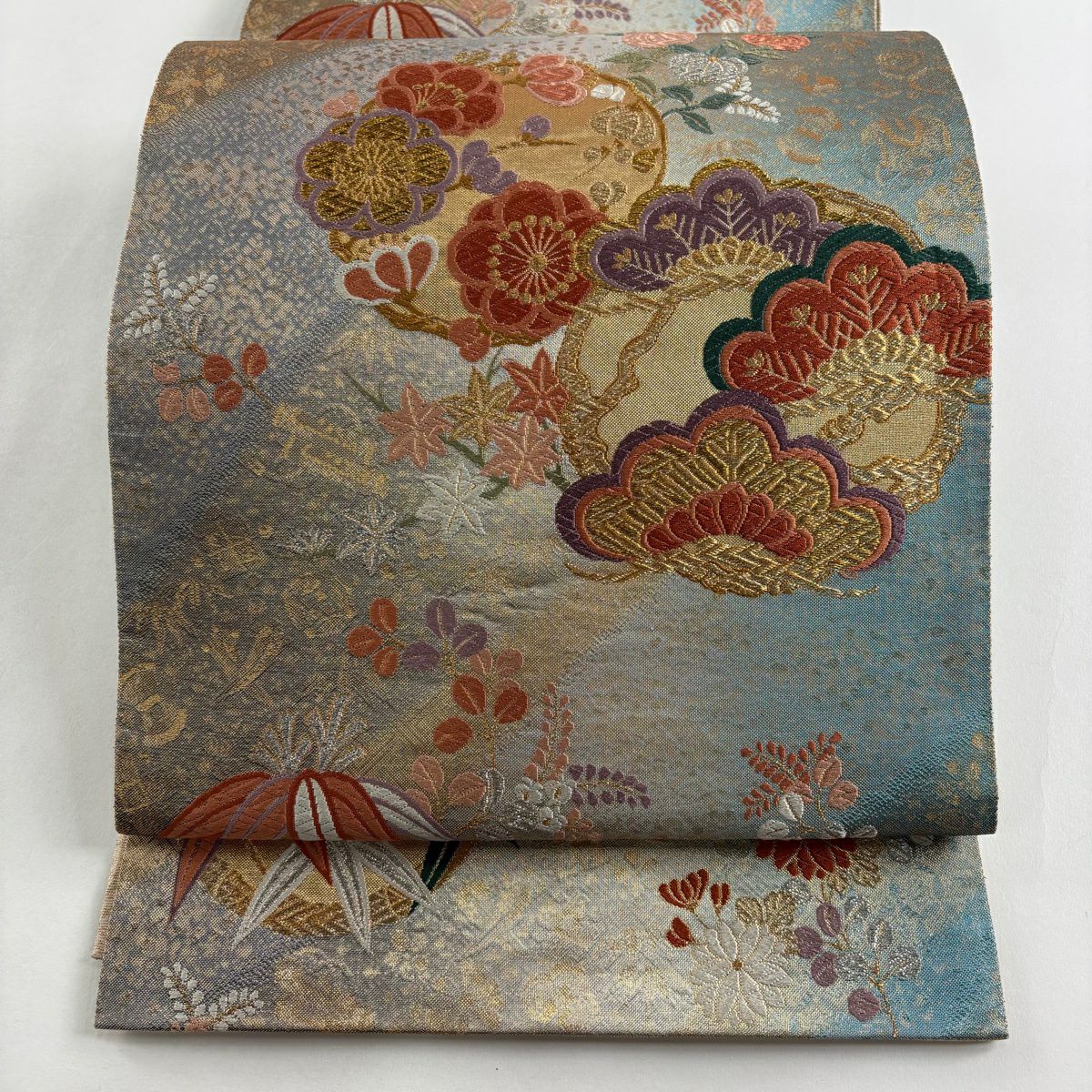 【美品】 袋帶 秀品級 松樹竹子梅花 秋草 金銀絲 金金箔 灰綠 六通 純蠶絲