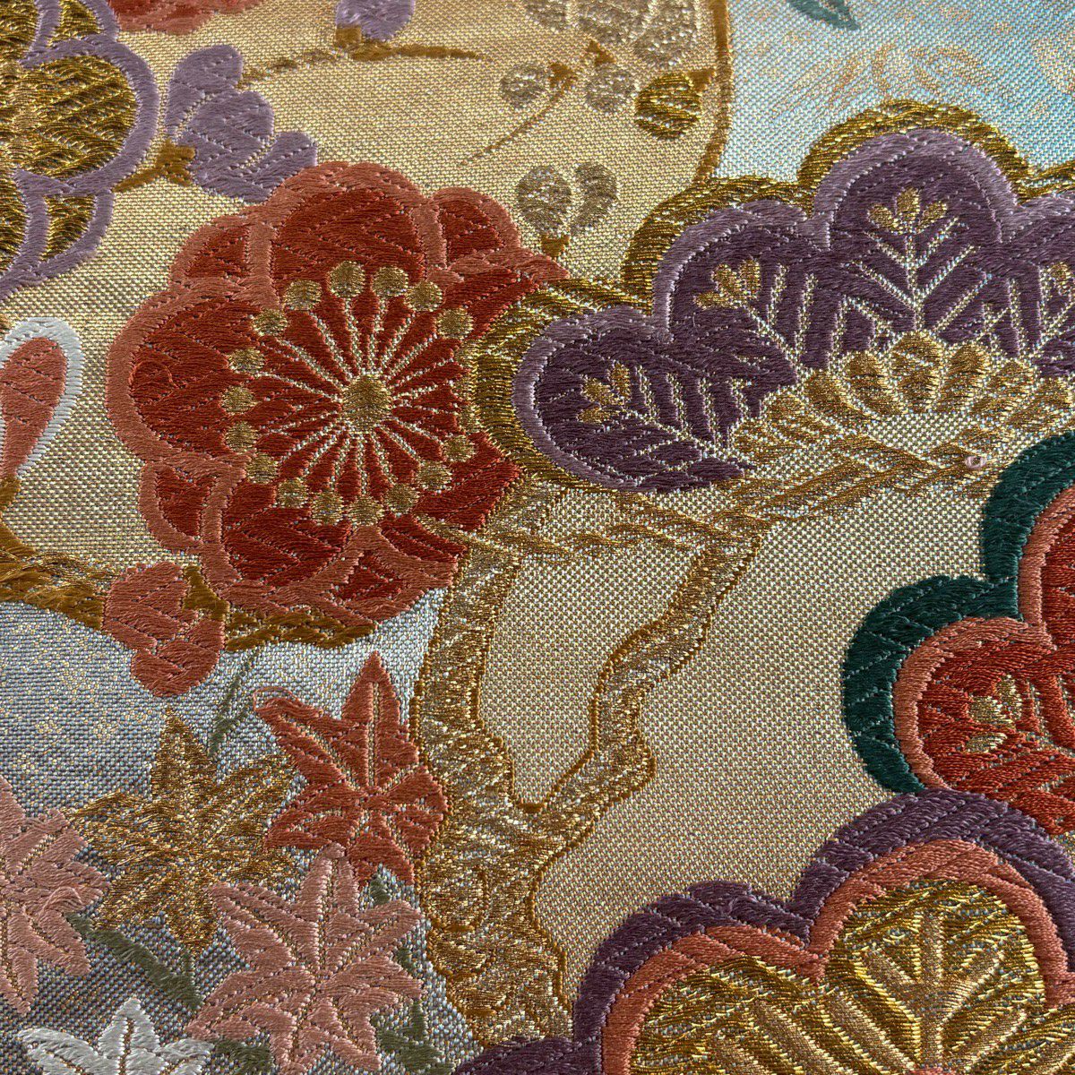 【美品】 袋帶 秀品級 松樹竹子梅花 秋草 金銀絲 金金箔 灰綠 六通 純蠶絲