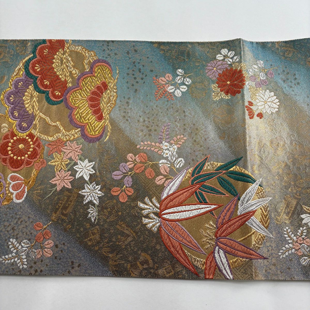 【美品】 袋帶 秀品級 松樹竹子梅花 秋草 金銀絲 金金箔 灰綠 六通 純蠶絲