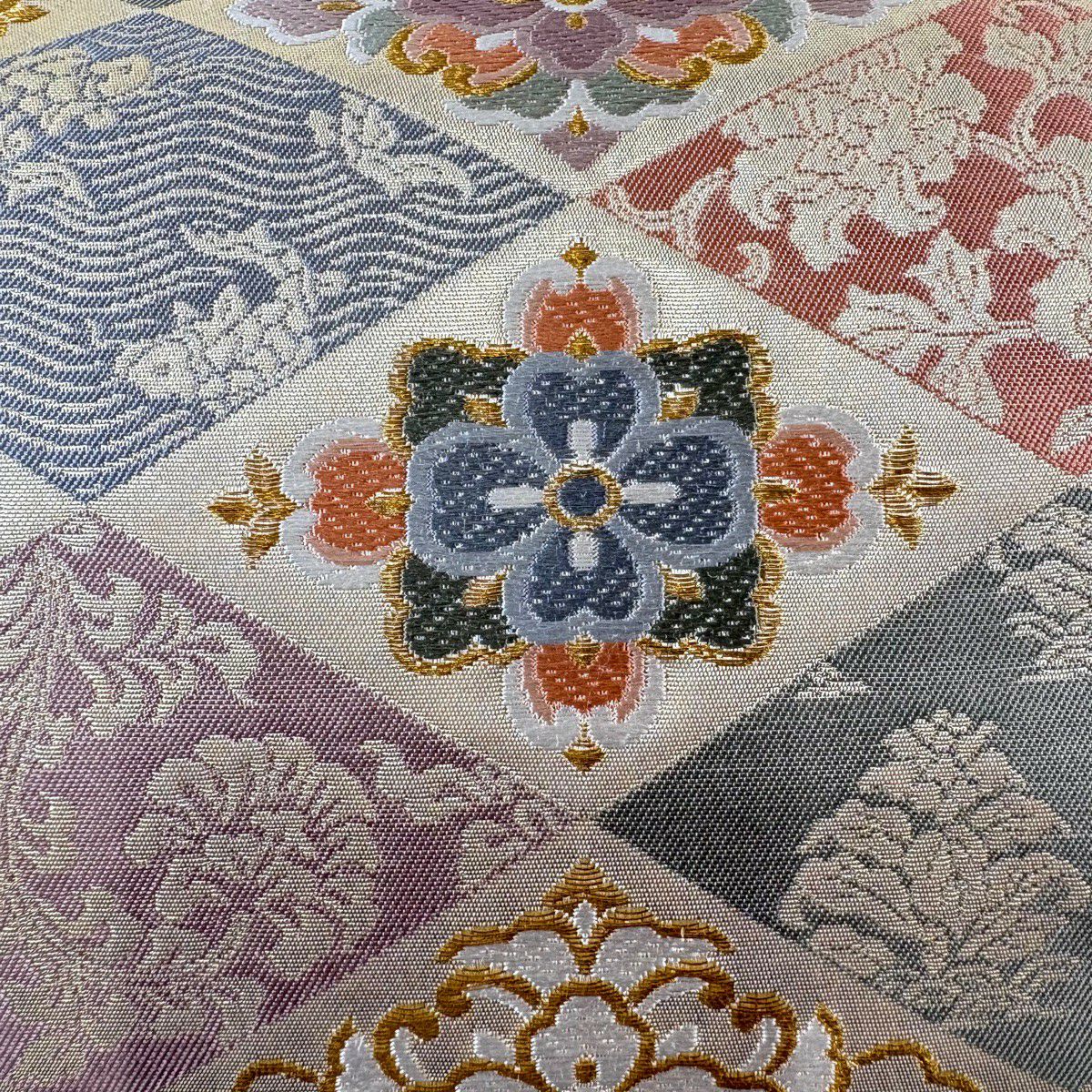 袋帶 秀品級 菱取名物裂華紋 金糸 金金箔 米色 六通 純蠶絲