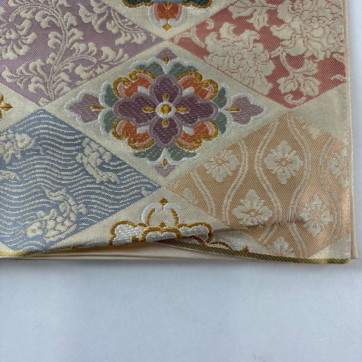 袋帶 秀品級 菱取名物裂華紋 金糸 金金箔 米色 六通 純蠶絲
