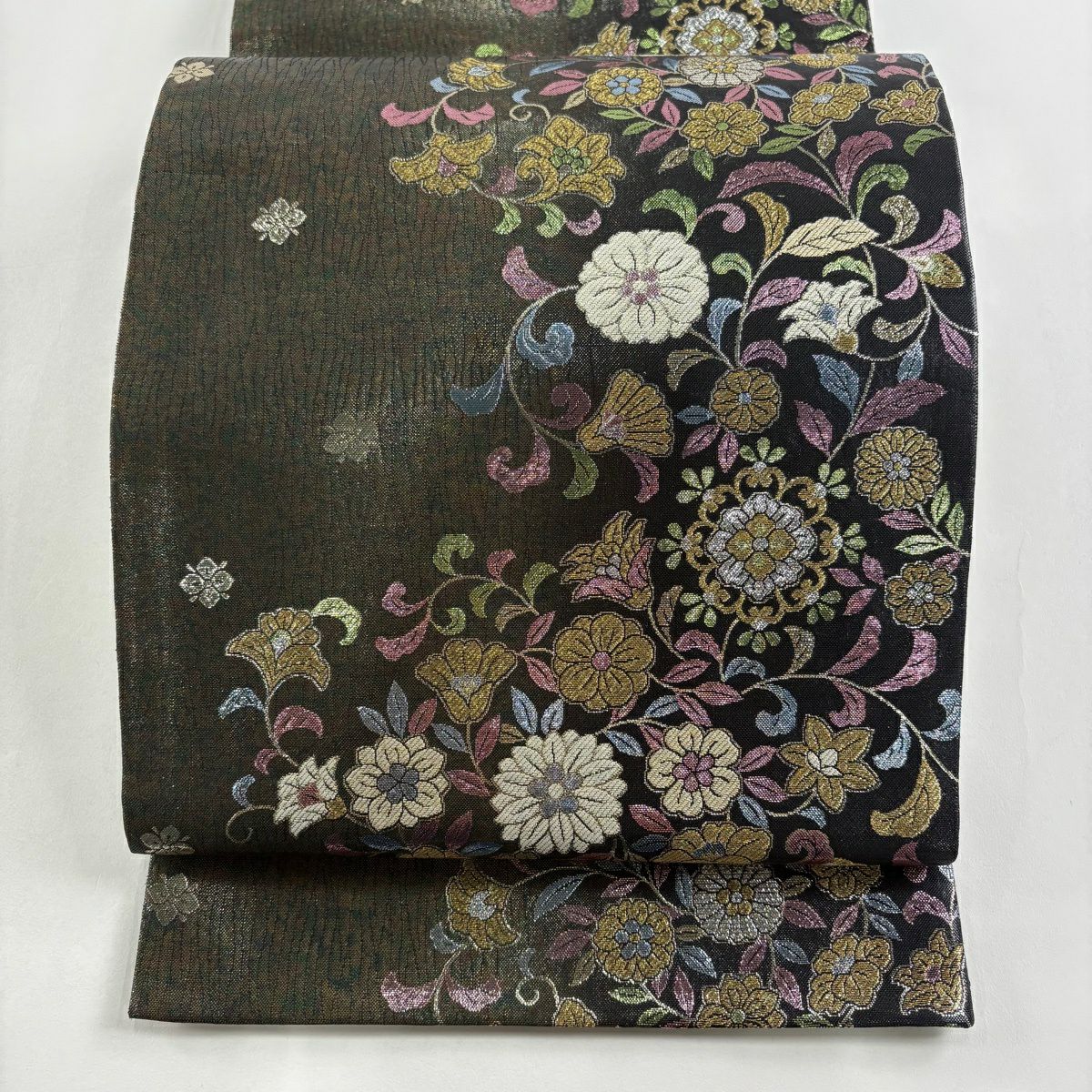 【美品】 袋帶 秀品級 花唐草紋 金絲 金金箔 深綠 六通 純蠶絲