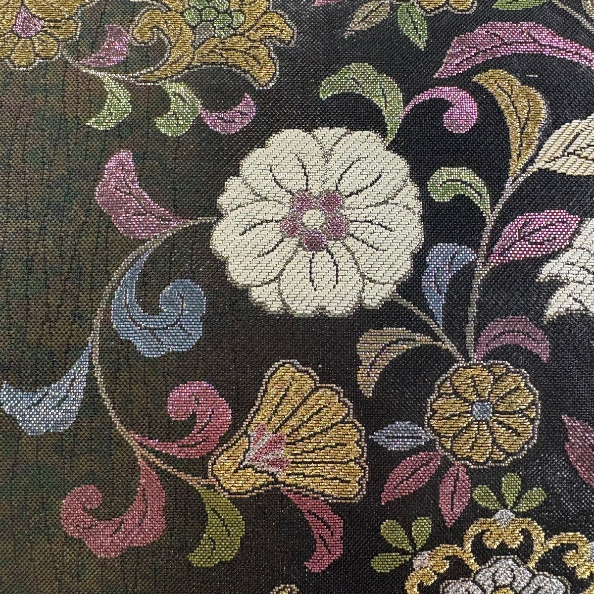 【美品】 袋帶 秀品級 花唐草紋 金絲 金金箔 深綠 六通 純蠶絲