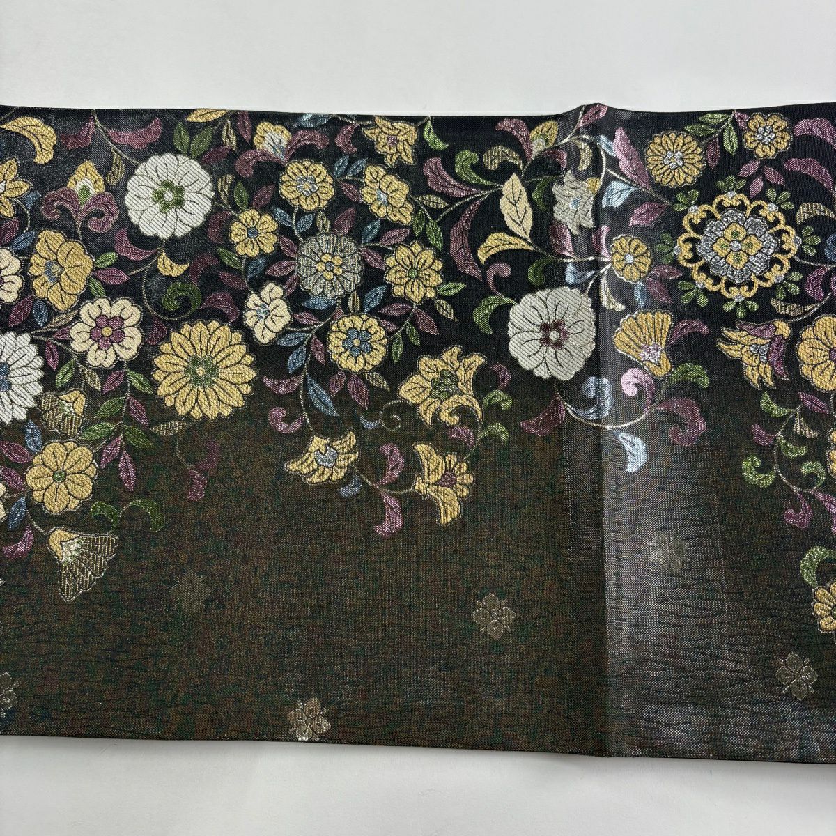 【美品】 袋帶 秀品級 花唐草紋 金絲 金金箔 深綠 六通 純蠶絲