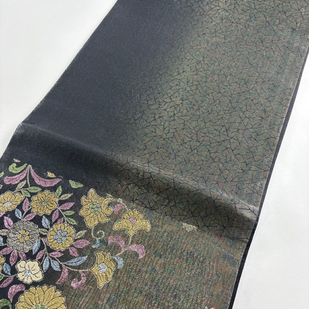 【美品】 袋帶 秀品級 花唐草紋 金絲 金金箔 深綠 六通 純蠶絲