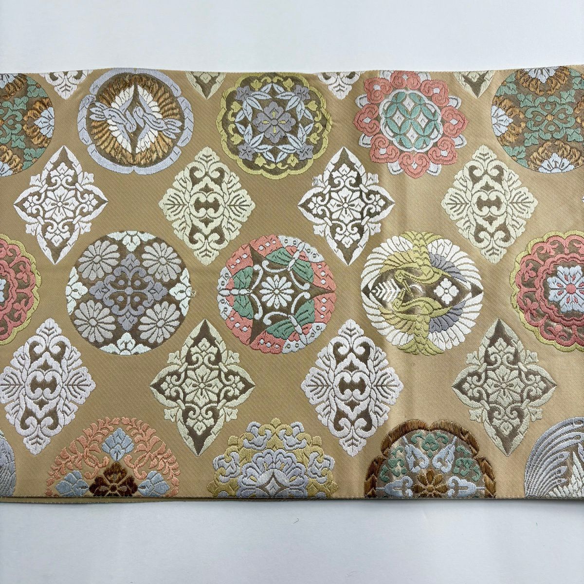 袋帶 秀品級 向仙鶴 華紋 唐織 金金箔 淺橙 六通 純蠶絲
