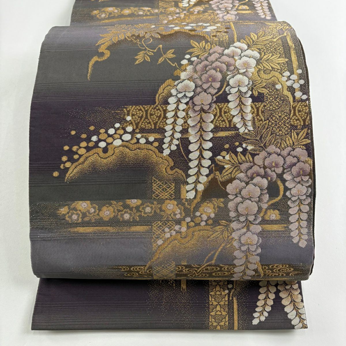 【美品】 袋帶 秀品級 藤 雪輪 金絲 灰紫 六通 純蠶絲