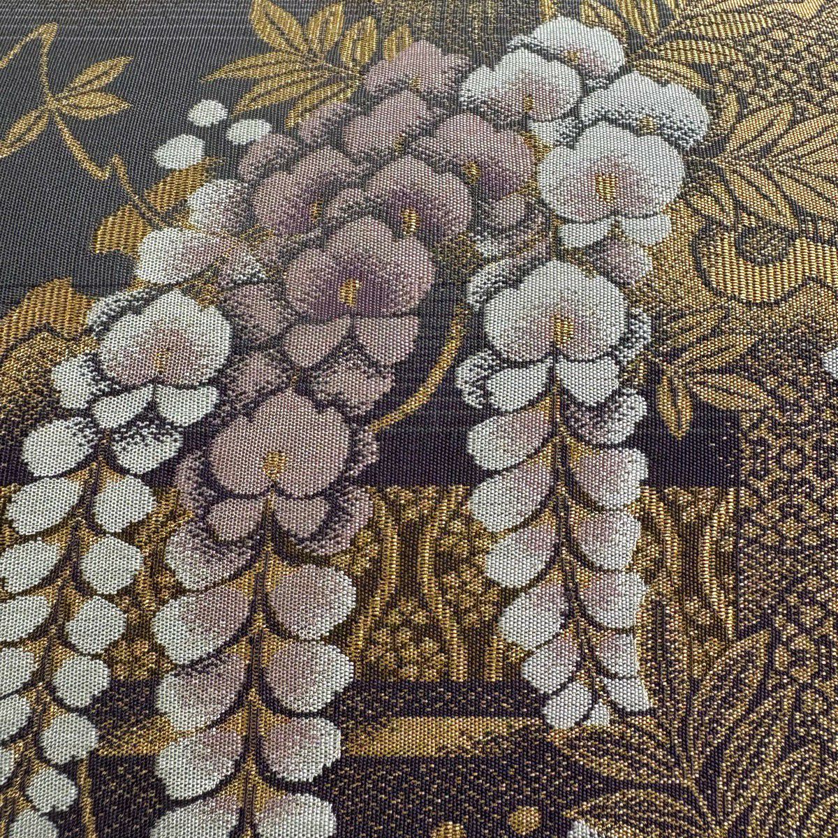 【美品】 袋帶 秀品級 藤 雪輪 金絲 灰紫 六通 純蠶絲