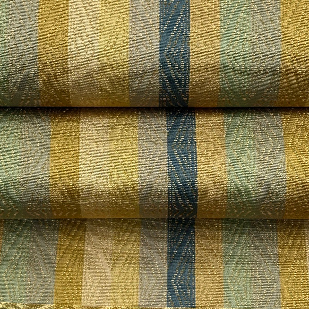【美品】 袋帶 逸品級 龍村晋 落款あり 縞 菱 金金箔 茶綠 全通 純蠶絲