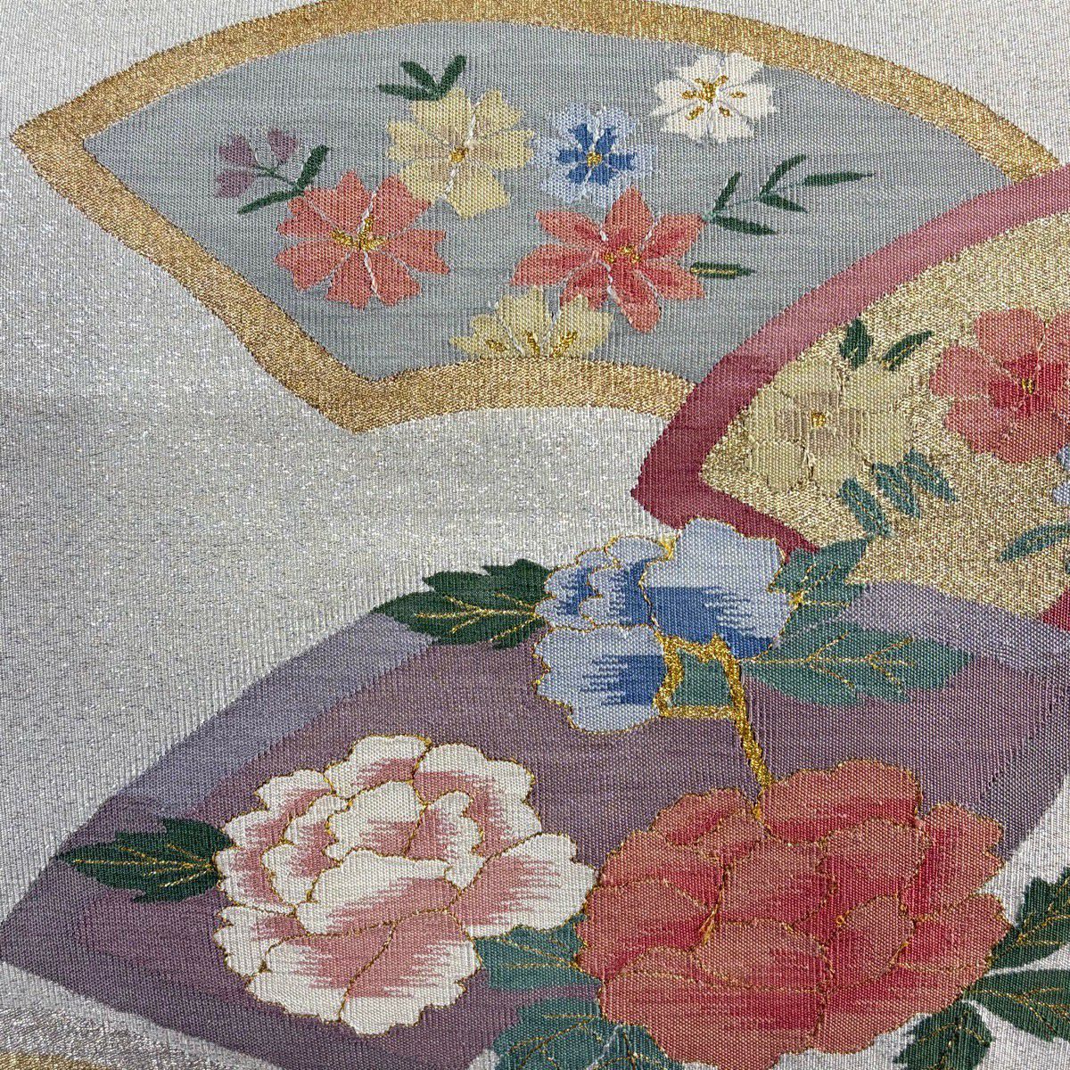 袋帶 逸品級 牡丹 扇子面 金銀絲 金金箔 銀 純蠶絲