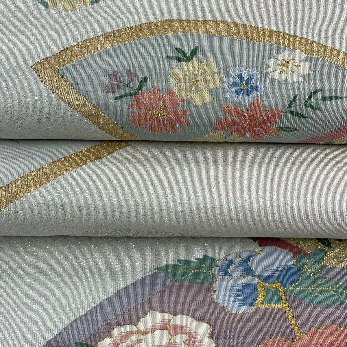 袋帶 逸品級 牡丹 扇子面 金銀絲 金金箔 銀 純蠶絲