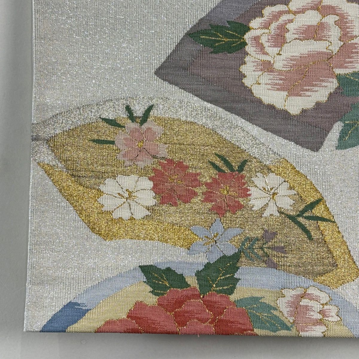 袋帶 逸品級 牡丹 扇子面 金銀絲 金金箔 銀 純蠶絲