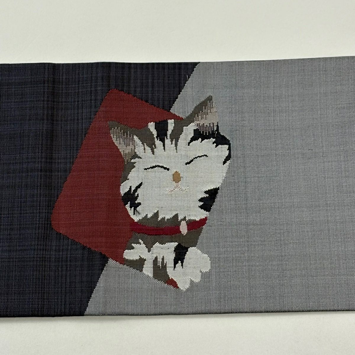 【美品】名古屋帶 逸品級 紬織織 貓 肉球 黑灰 純蠶絲
