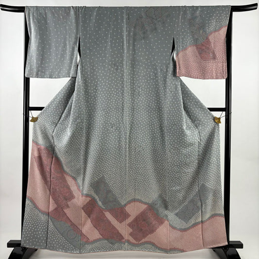 訪問服 身長160.5cm 袖長66cm M 雙層 短冊 花鳥 刺繡 絞染 青灰 純蠶絲 名品級