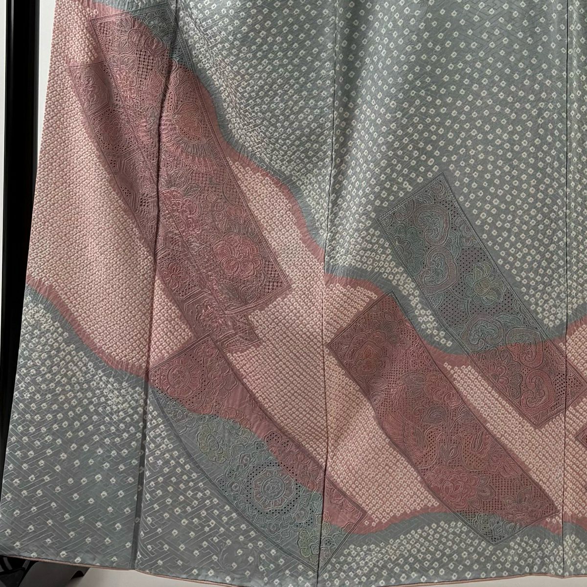 訪問服 身長160.5cm 袖長66cm M 雙層 短冊 花鳥 刺繡 絞染 青灰 純蠶絲 名品級