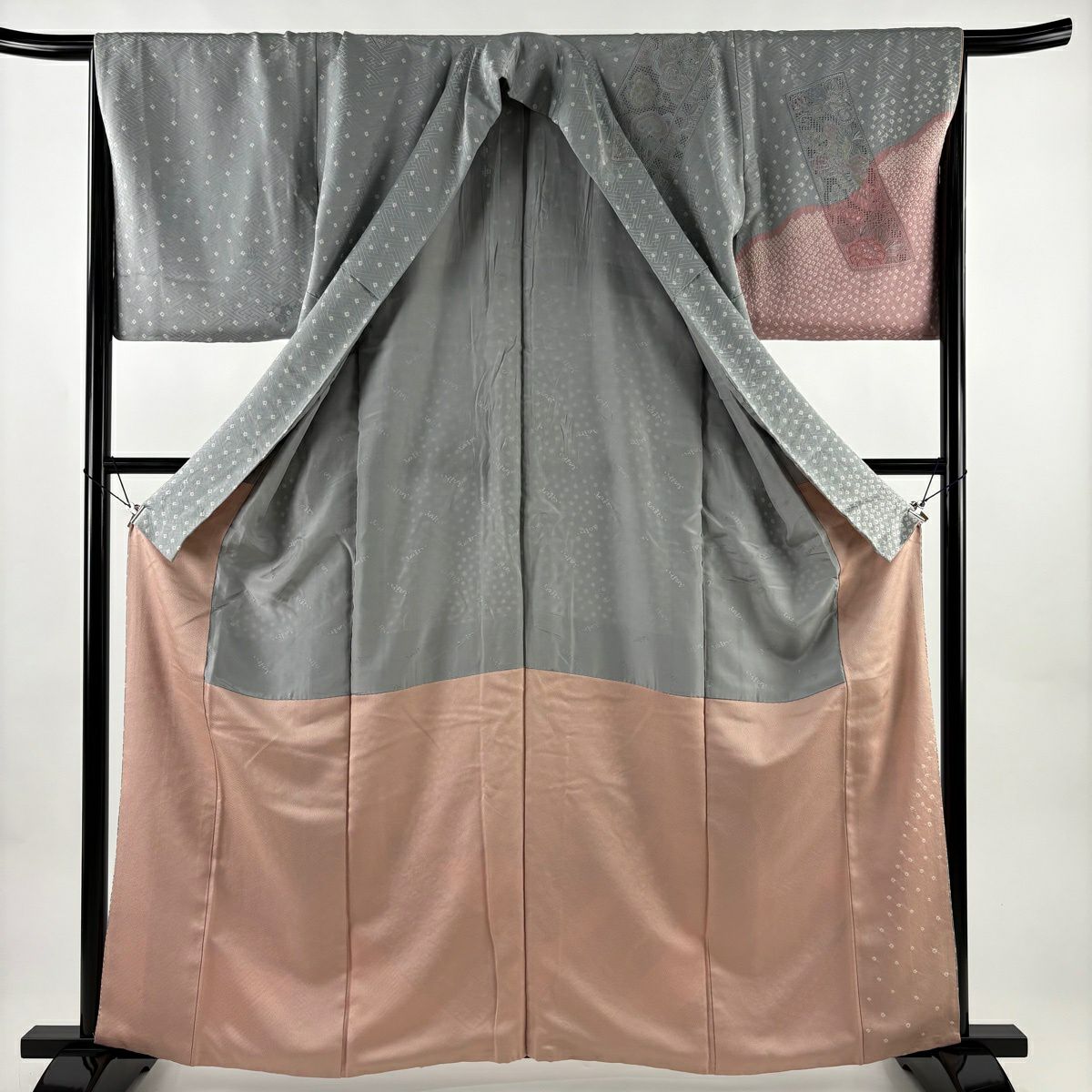 訪問服 身長160.5cm 袖長66cm M 雙層 短冊 花鳥 刺繡 絞染 青灰 純蠶絲 名品級