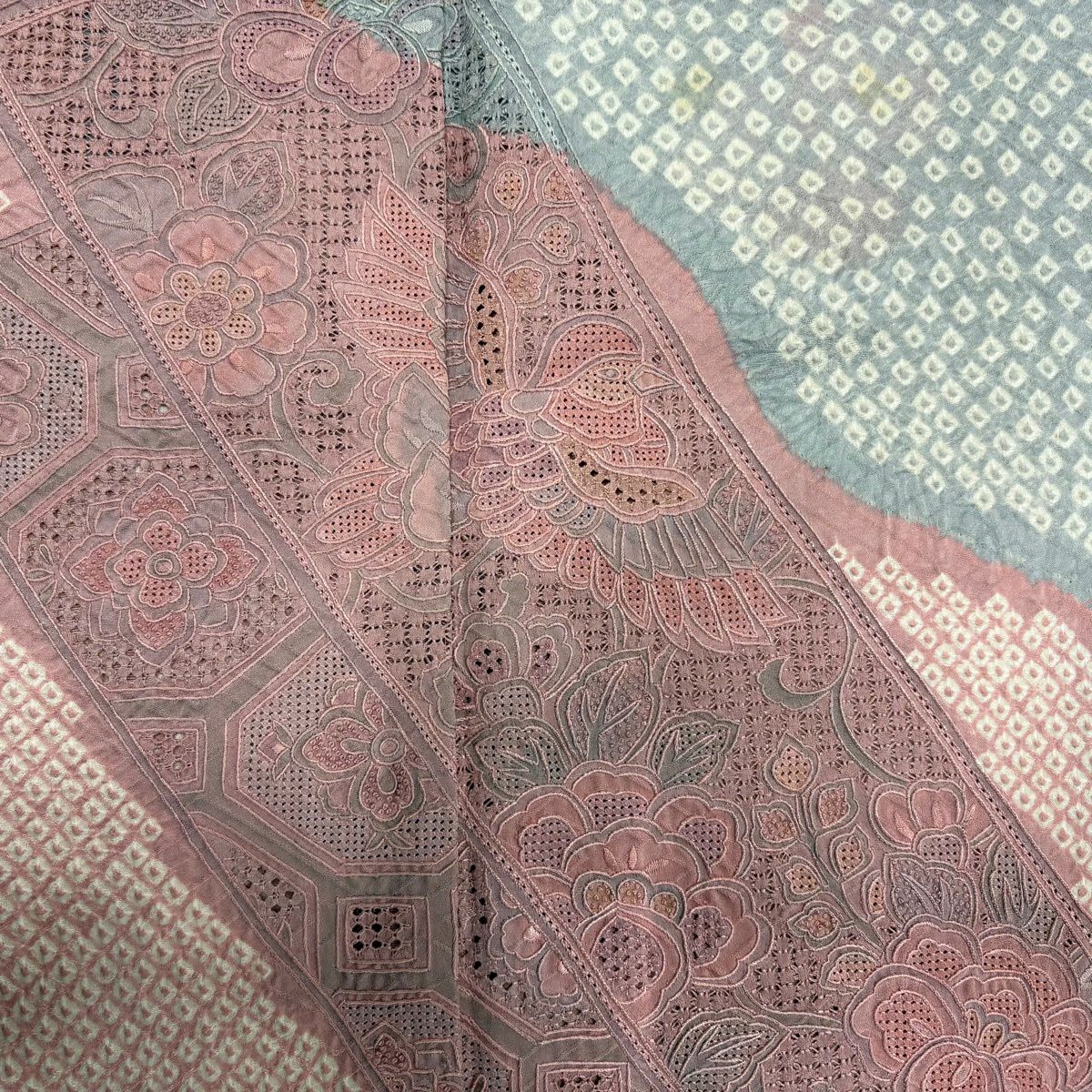 訪問服 身長160.5cm 袖長66cm M 雙層 短冊 花鳥 刺繡 絞染 青灰 純蠶絲 名品級
