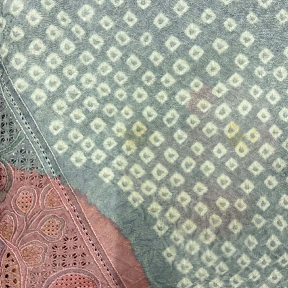 訪問服 身長160.5cm 袖長66cm M 雙層 短冊 花鳥 刺繡 絞染 青灰 純蠶絲 名品級