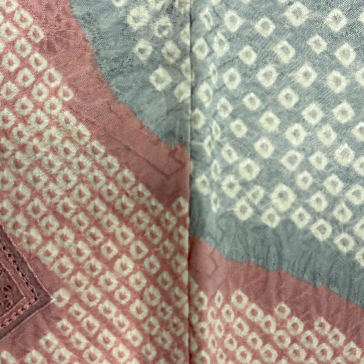 訪問服 身長160.5cm 袖長66cm M 雙層 短冊 花鳥 刺繡 絞染 青灰 純蠶絲 名品級