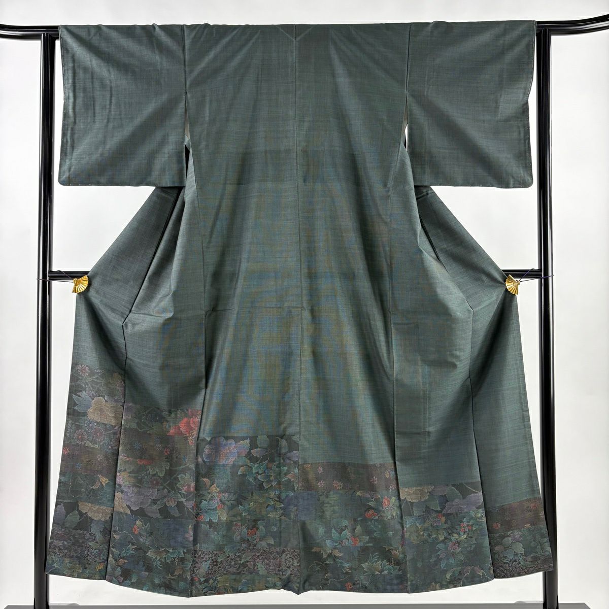 【美品】 付下 身長151.5cm 袖長61cm S 雙層 大島紬織地 純泥染 證書附帶 草花紋紋 段紋 深綠 純蠶絲 名品級