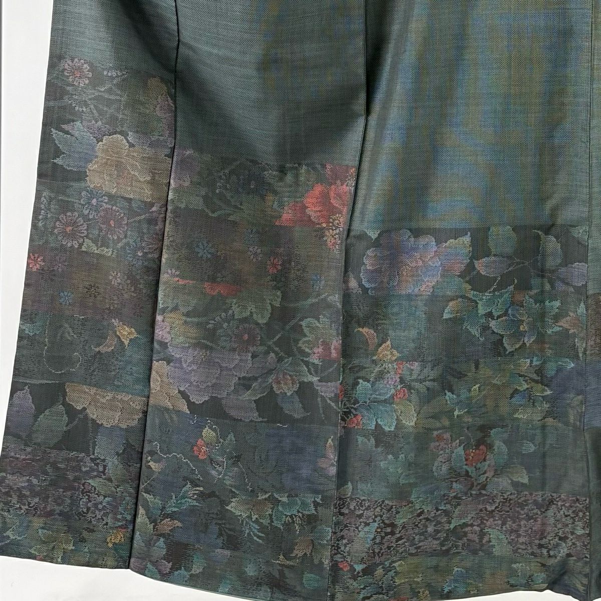 【美品】 付下 身長151.5cm 袖長61cm S 雙層 大島紬織地 純泥染 證書附帶 草花紋紋 段紋 深綠 純蠶絲 名品級