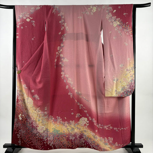振袖禮服 身長158.5cm 袖長64cm M 雙層 花丸紋 枝垂櫻 金金箔 銀通し 粉紅 純蠶絲 名品級