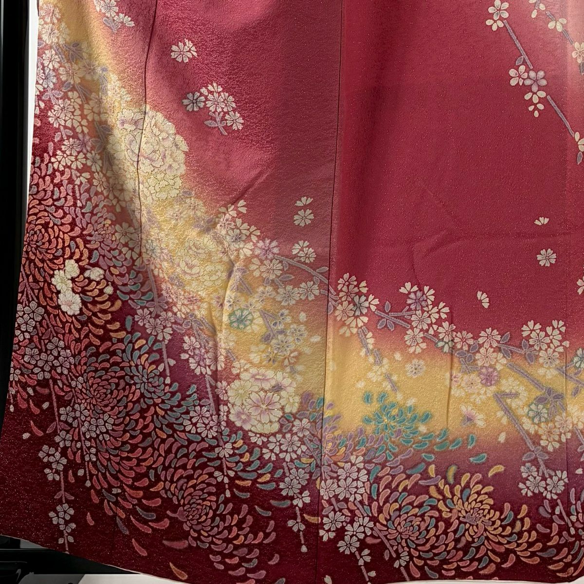 振袖禮服 身長158.5cm 袖長64cm M 雙層 花丸紋 枝垂櫻 金金箔 銀通し 粉紅 純蠶絲 名品級