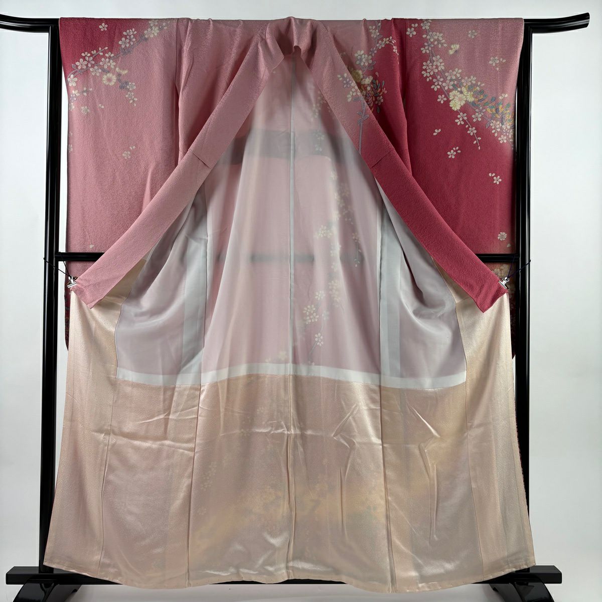 振袖禮服 身長158.5cm 袖長64cm M 雙層 花丸紋 枝垂櫻 金金箔 銀通し 粉紅 純蠶絲 名品級